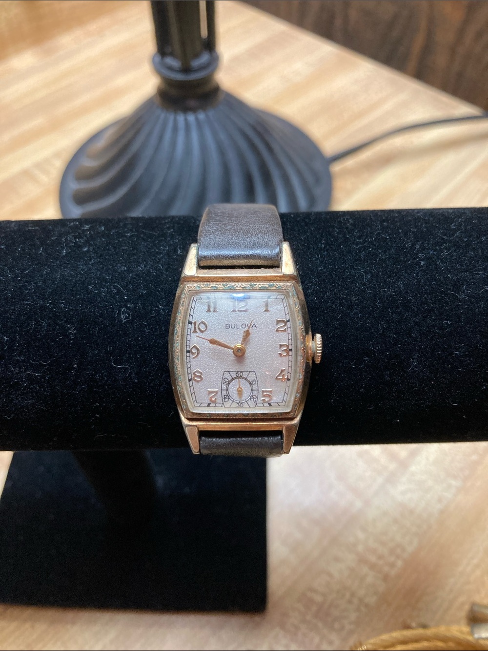 Bulova Gold Tone Rectangular Case with Brown Leather Strap Watch